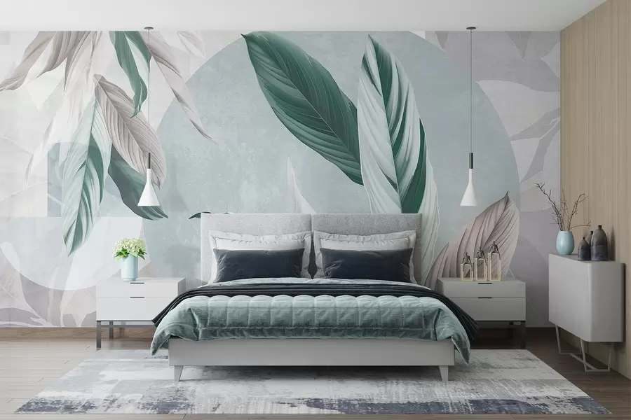Fototapete Moderne und abstrakte geometrische Texturkomposition mit detaillierten Blättern in Grüntönen, hellem Lila und Weiß w08741v1