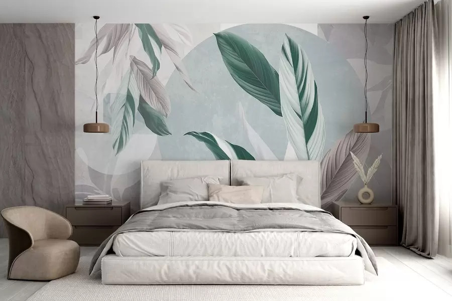Fototapete Moderne und abstrakte geometrische Texturkomposition mit detaillierten Blättern in Grüntönen, hellem Lila und Weiß w08741v1