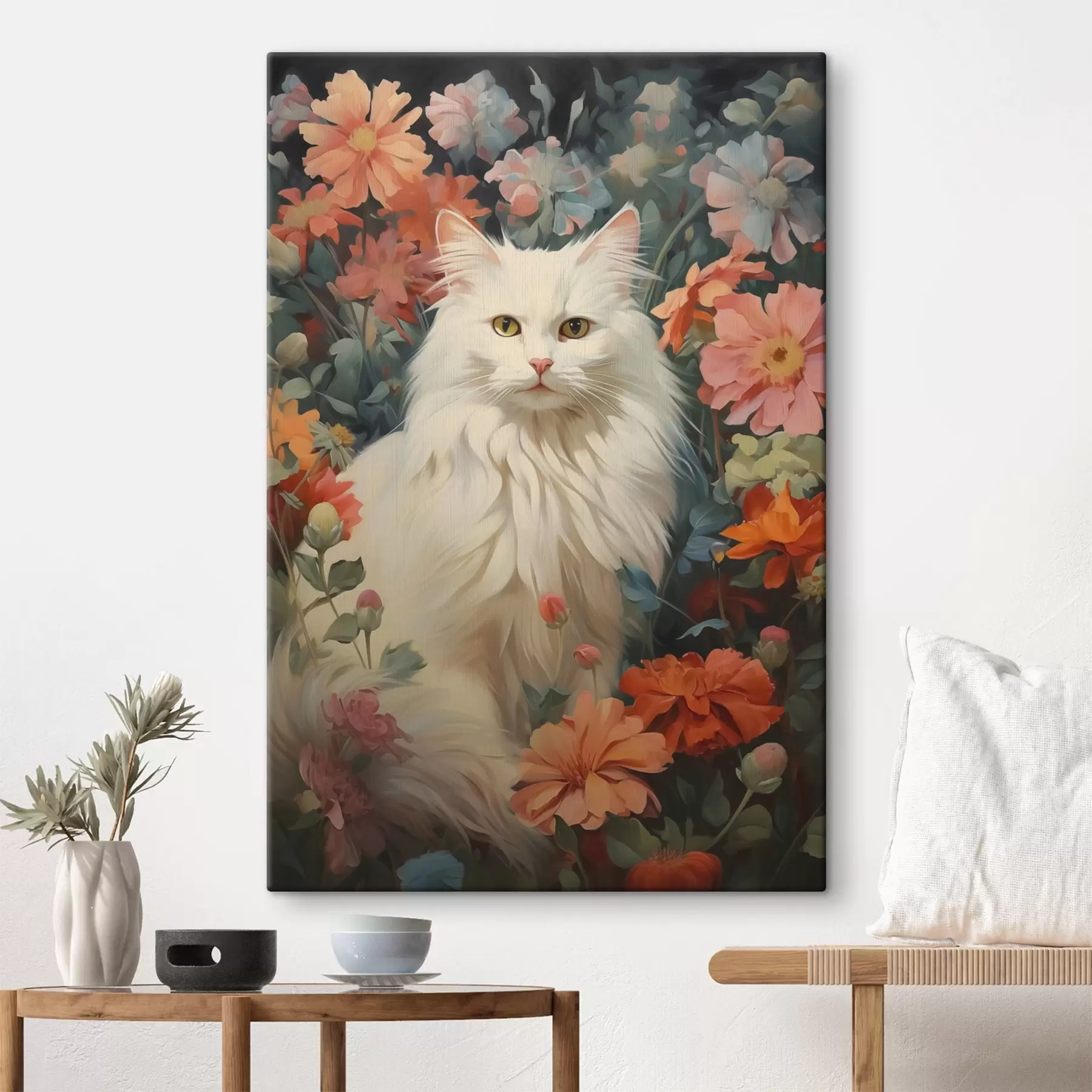 Fototapete Weiße Katze in Blumen s42905