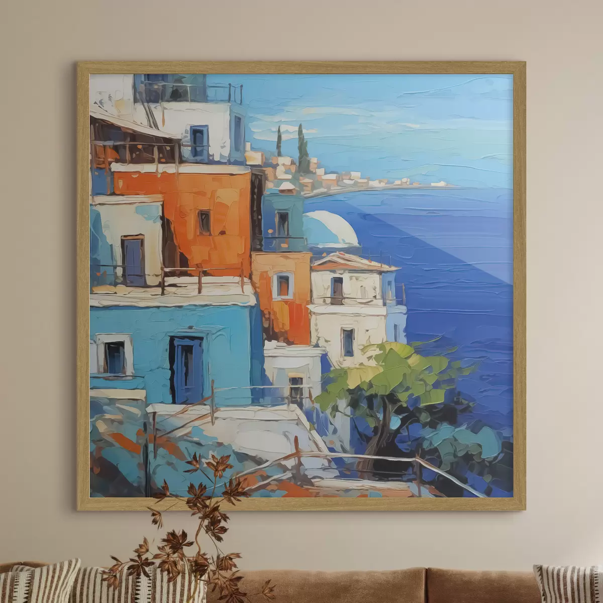 Poster Häuser am Meer Nachahmung von Malerstrichen f42899