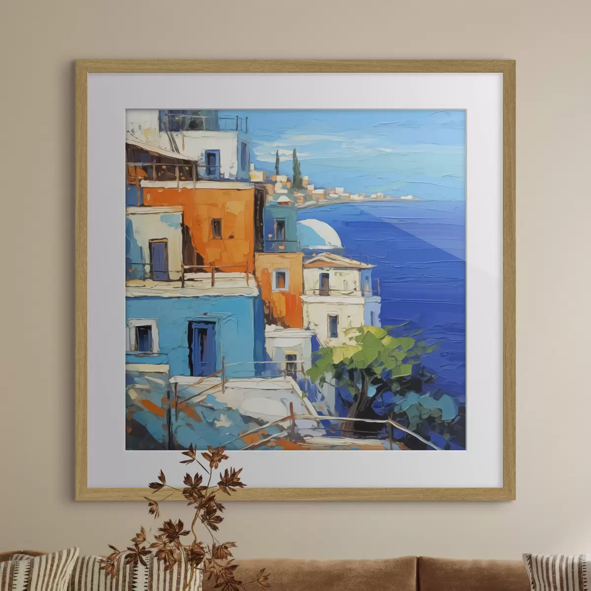 Poster Häuser am Meer Nachahmung von Malerstrichen f42899