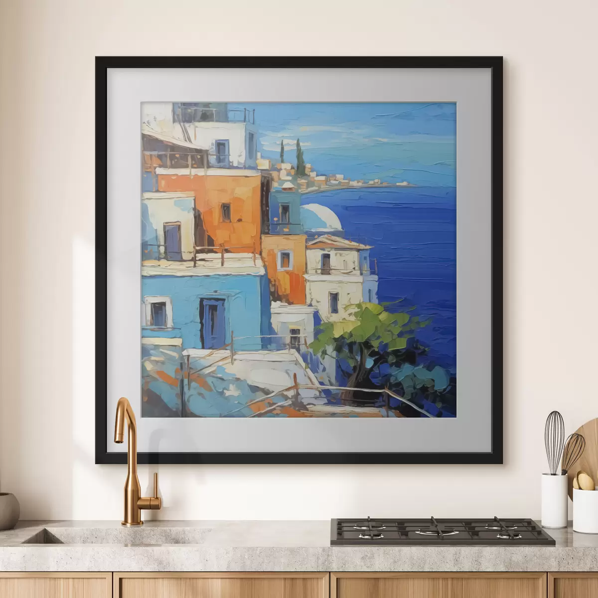 Poster Häuser am Meer Nachahmung von Malerstrichen f42899