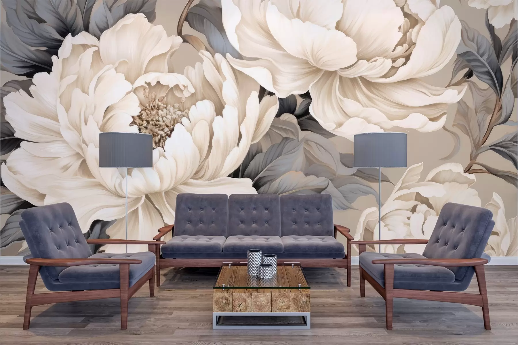 Fototapete Elegante cremefarbene Pfingstrosen mit detaillierten Blütenblättern und graublauen Blättern auf einem warmen Hintergrund w03077