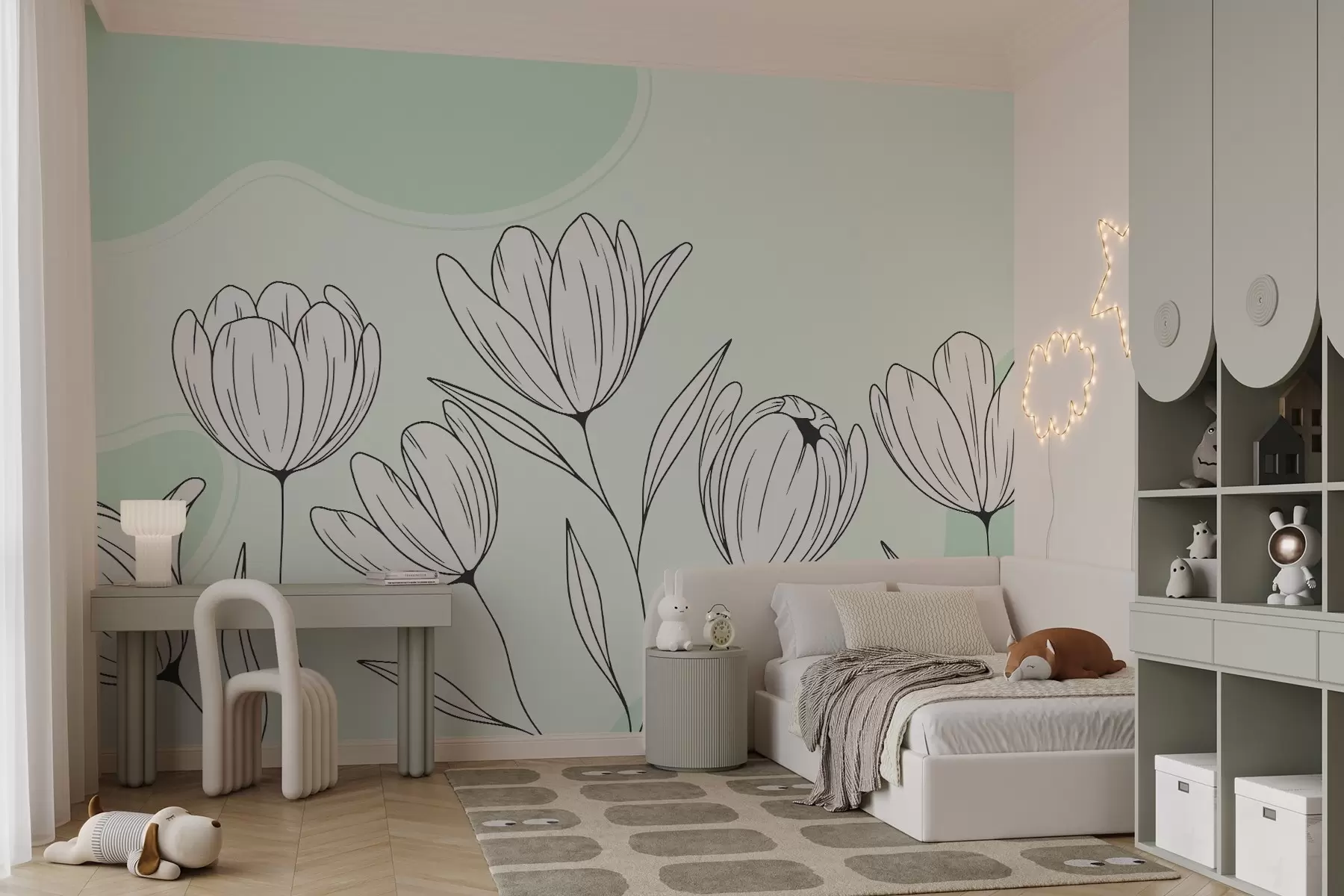 Fototapete Minimalistische Illustration von Tulpen in einem Schwarz-Weiß-Stil auf einem hellen Hintergrund mit weichen Minze Akzente w03086v2