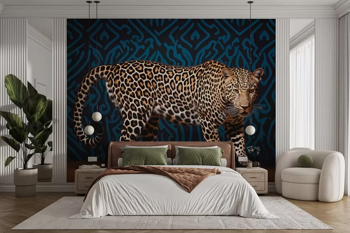 Fototapete Leopard auf blau gemustertem Hintergrund w08754