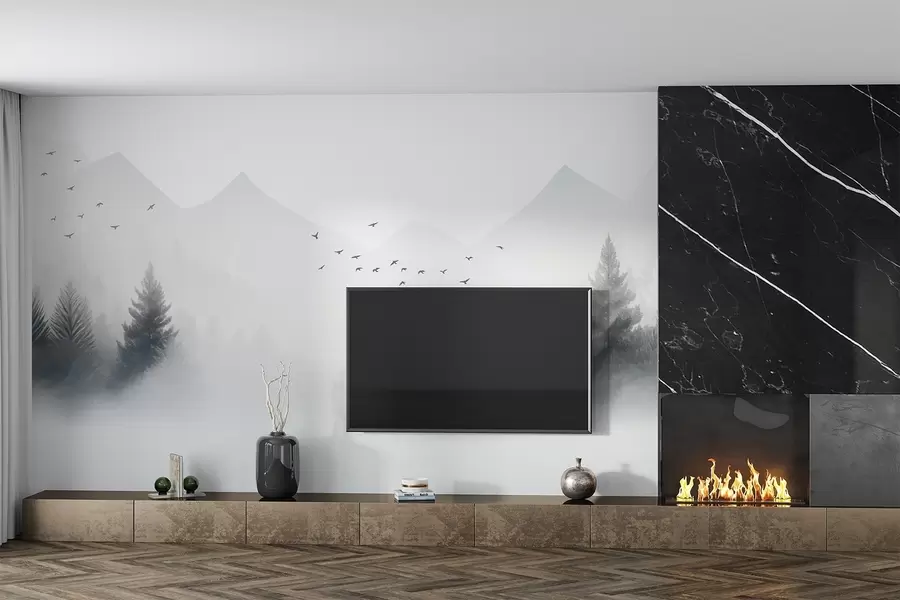 Fototapete Ruhiger Winterwald an einem Berghang in weißen und hellgrauen Farbtönen w08756