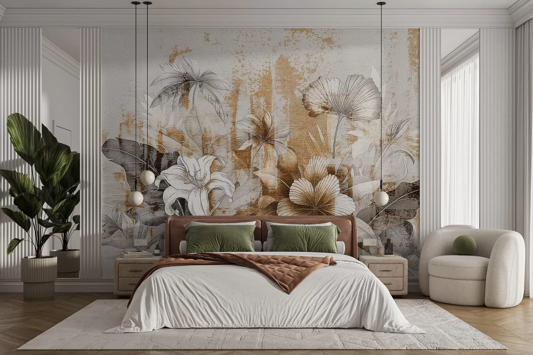 Fototapete Vintage-Design mit exotischen Blumen und Pflanzen w08767