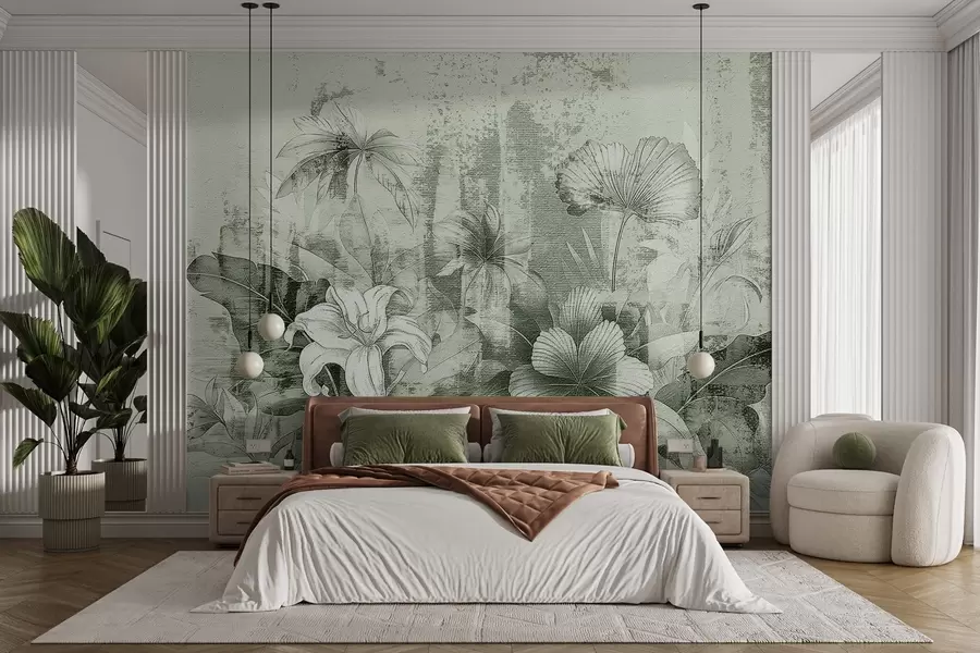 Fototapete Vintage-Design mit exotischen Blumen und Pflanzen w08767v3