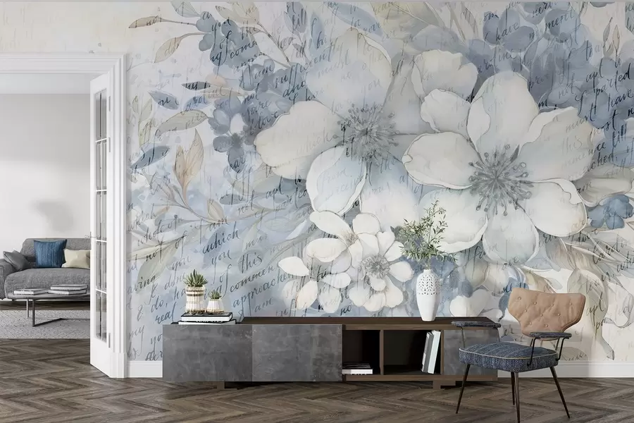 Fototapete Eine weiche Wand Nachahmung texturiert weißen und blauen Blumen, vor einem blassen Hintergrund mit schwachen handgeschriebenen Text w08771