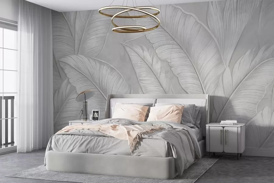 Fototapete Stark strukturierte, detaillierte große tropische Blätter in einem monochromen hellgrauen Farbton im Loft-Stil  w08772