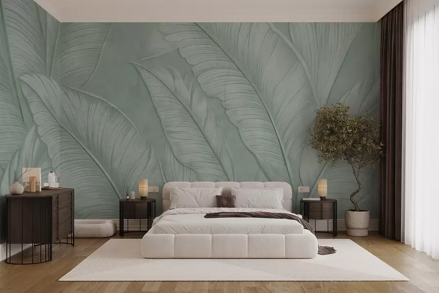 Fototapete Stark strukturierte, detaillierte große tropische Blätter in einem einfarbigen Grün im Loft-Stil  w08772v1