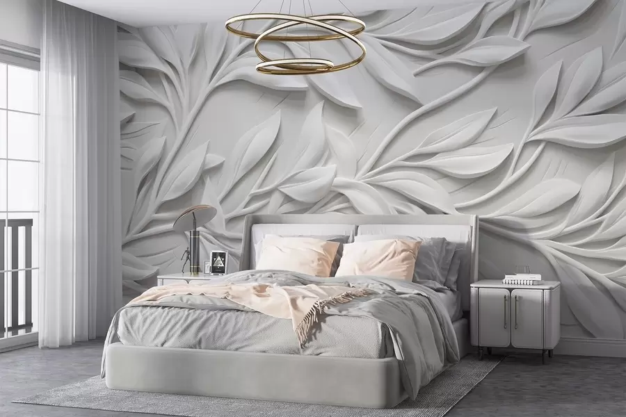 Fototapete Weißer Strukturdruck mit Blättern und Zweigen, die einen voluminösen Imitationseffekt auf einem strukturierten Hintergrund erzeugen w08778