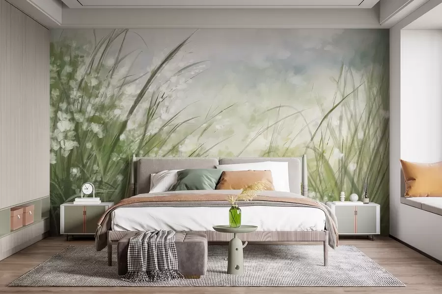 Fototapete Üppig grünes Gras mit zarten weißen Blüten, sanft verschwommener Druck mit hellen Farbtönen, die eine ruhige Landschaft schaffen w08779