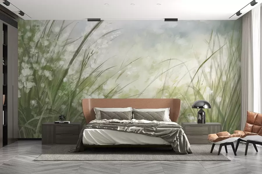 Fototapete Üppig grünes Gras mit zarten weißen Blüten, sanft verschwommener Druck mit hellen Farbtönen, die eine ruhige Landschaft schaffen w08779