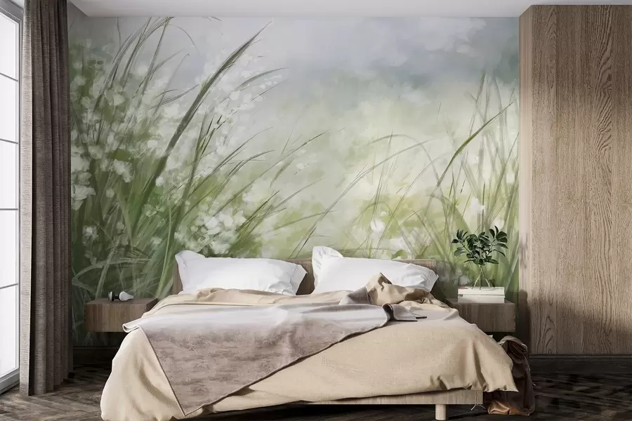 Fototapete Üppig grünes Gras mit zarten weißen Blüten, sanft verschwommener Druck mit hellen Farbtönen, die eine ruhige Landschaft schaffen w08779