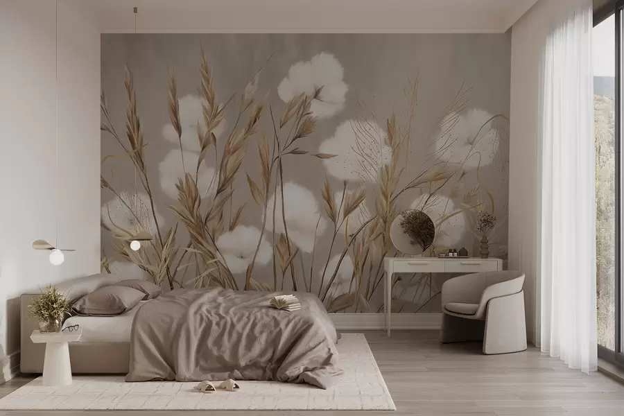 Fototapete Weiche, flauschige weiße Baumwollblumen und hohe orangefarbene Gräser mit Ähren vor einem gedämpften, strukturierten beigen Hintergrund w08784