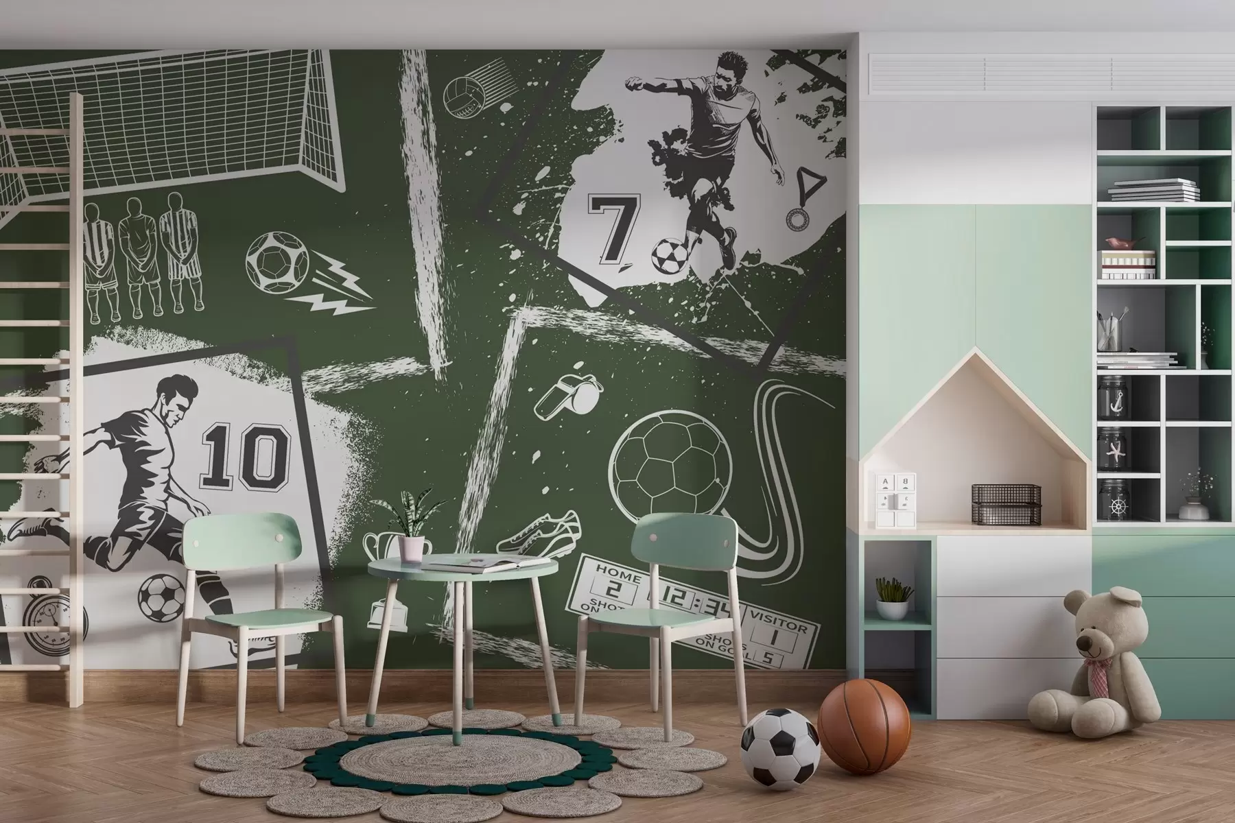 Fototapete Fußballspieler, Ball und andere Fußballattribute in Grüntönen w03122v2