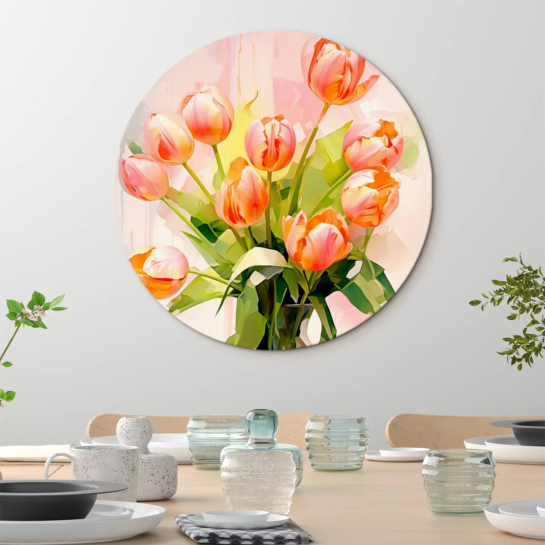 Fototapete Malerisches Stillleben mit Tulpen in einer Glasvase auf hellem Hintergrund r42940