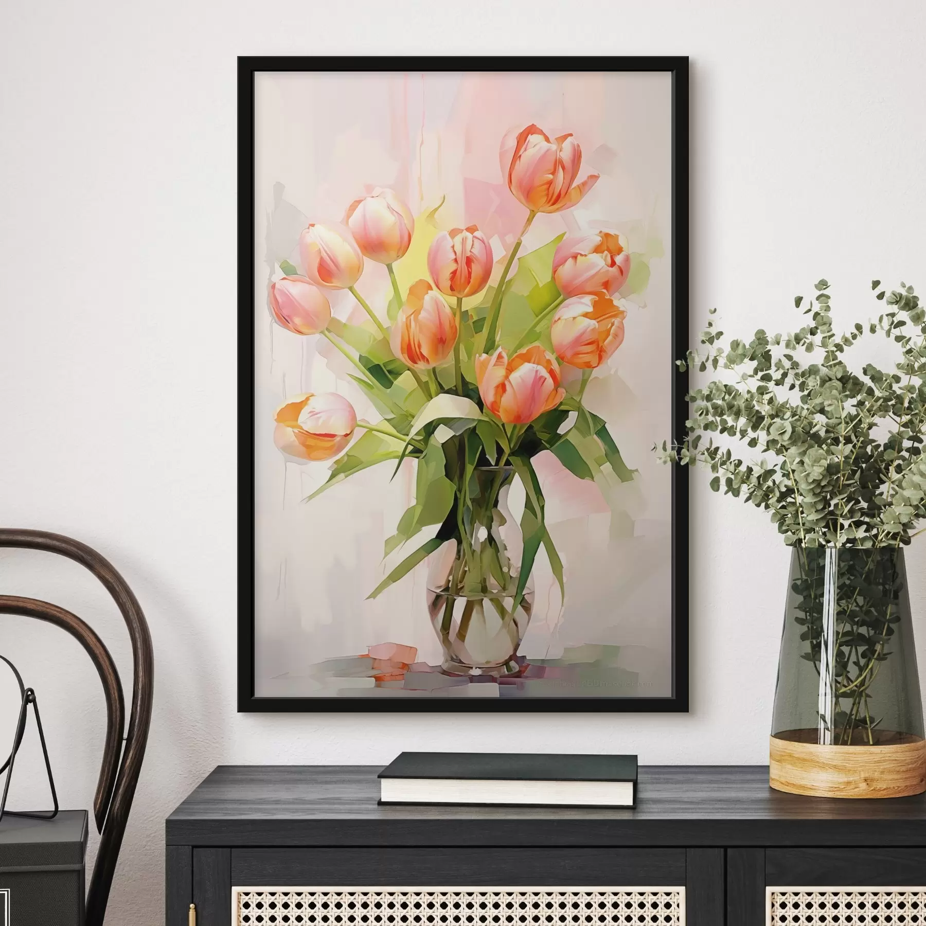 Fototapete Malerisches Stillleben mit Tulpen in einer Glasvase auf hellem Hintergrund f42940
