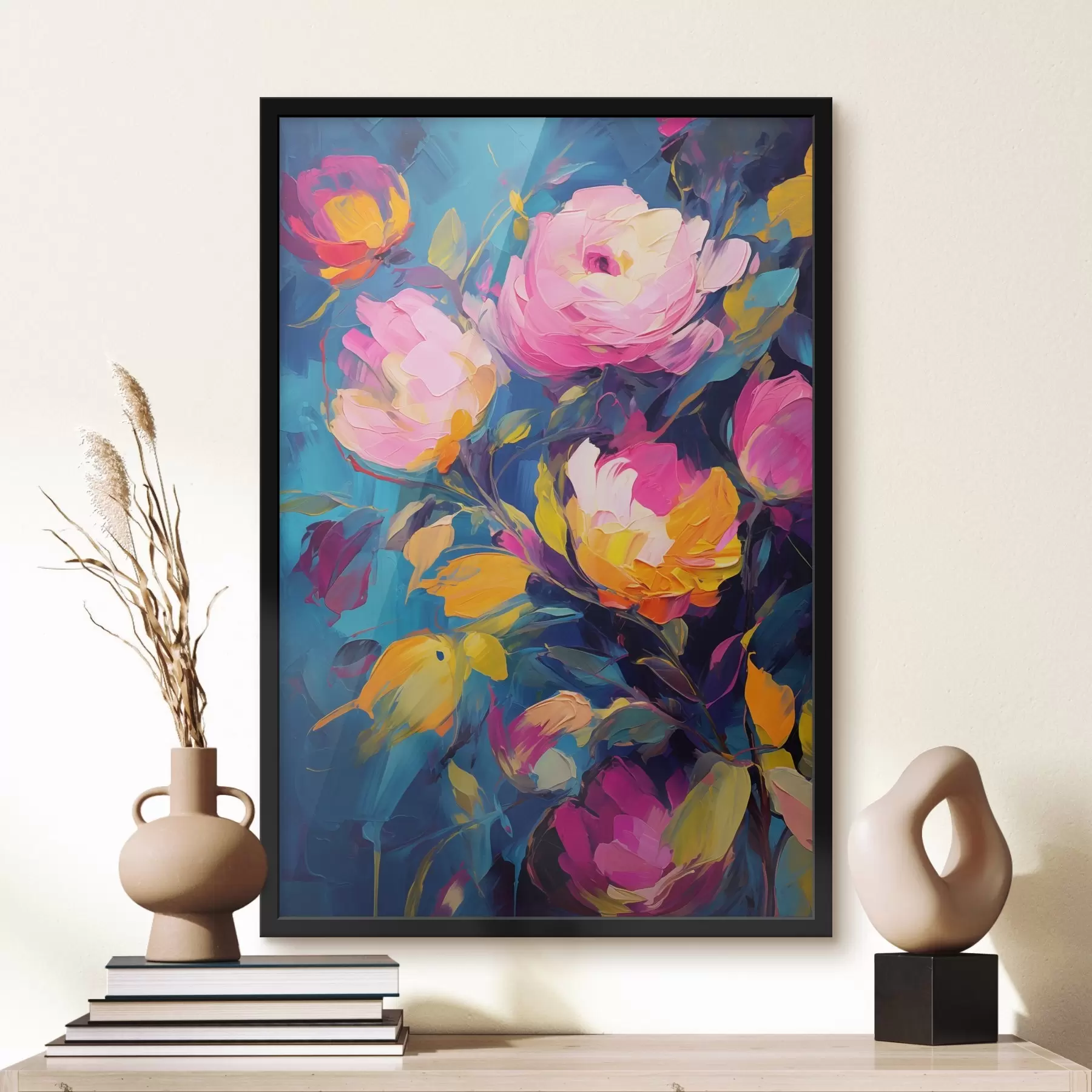 Fototapete Abstraktes Gemälde mit leuchtenden Blumen auf blauem Hintergrund f42941