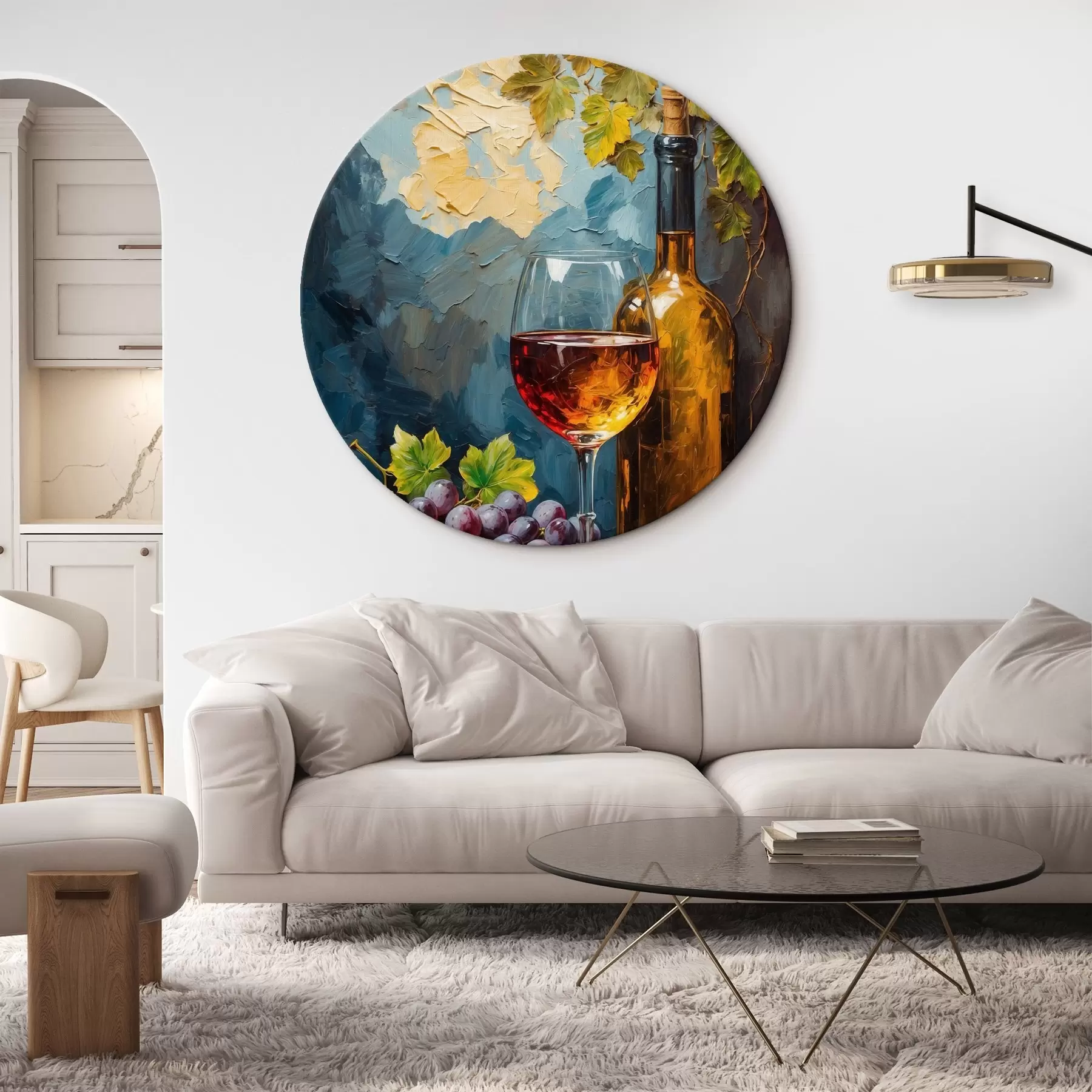 Fototapete Trauben, Glas und Weinflasche auf abstraktem Acryl-Hintergrund r42772