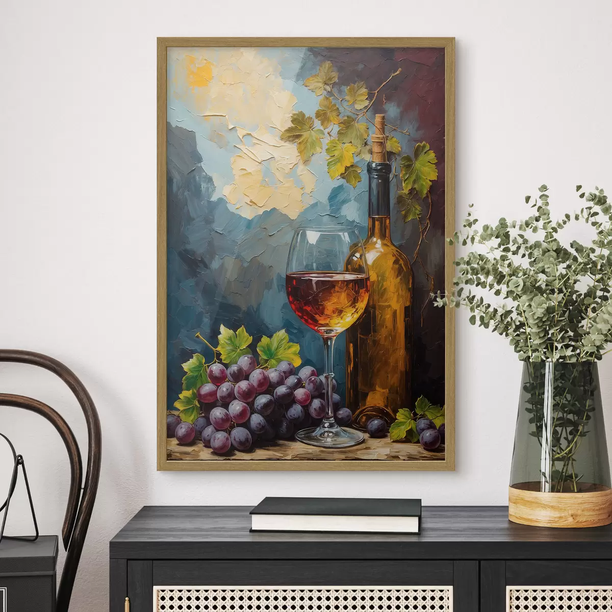 Poster Trauben, Glas und Weinflasche auf abstraktem Acryl-Hintergrund f42772
