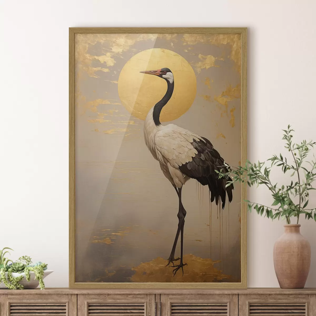 Poster Kranich vor der Sonne im Stil der Acrylmalerei f42773
