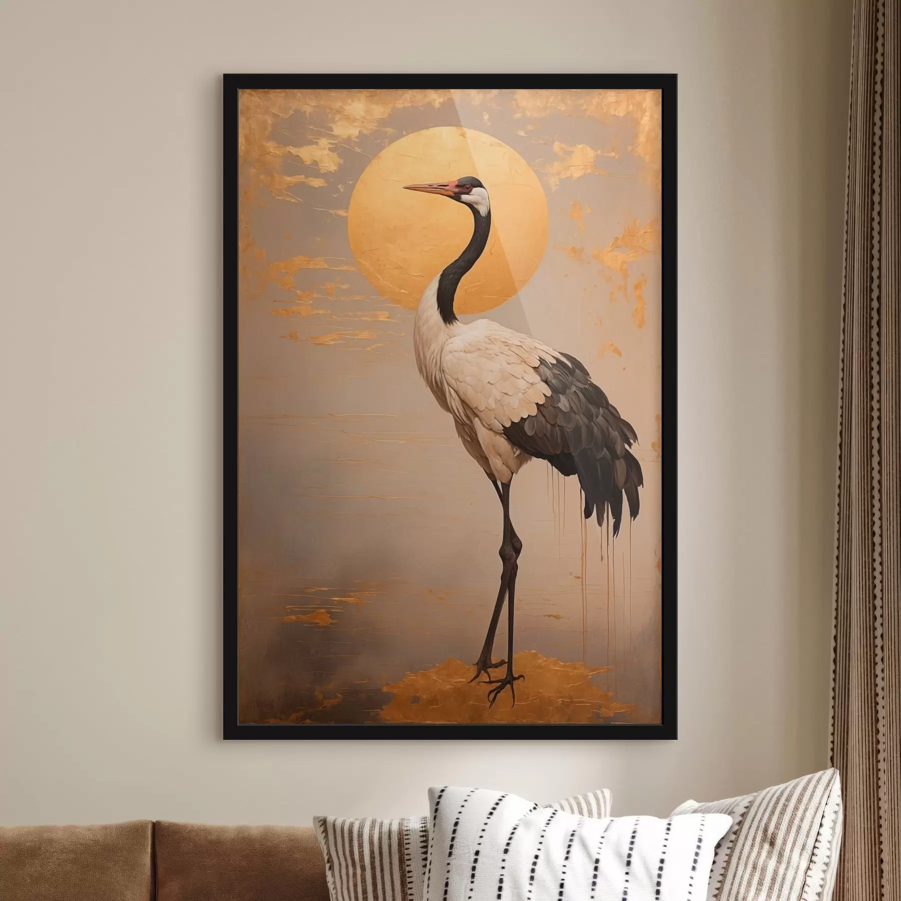 Fototapete Kranich auf dem Hintergrund der goldenen Sonne in Acrylmalerei Stil f42773
