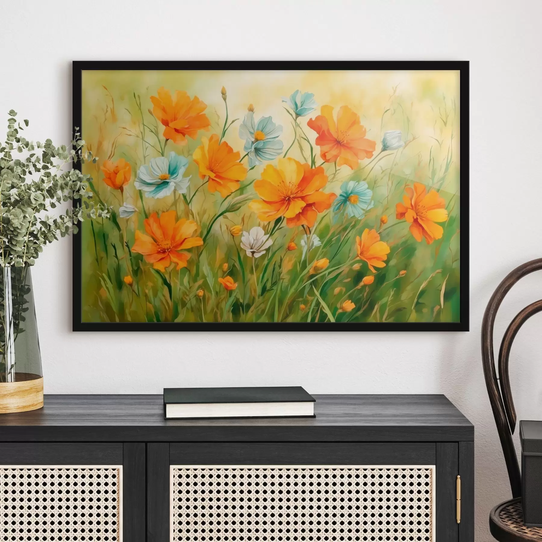 Fototapete Feld von Blumen und Pflanzen in Aquarellmalerei Stil f42916