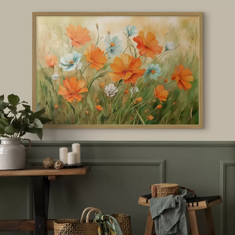 Fototapete Feld von Blumen und Pflanzen in Aquarellmalerei Stil f42916