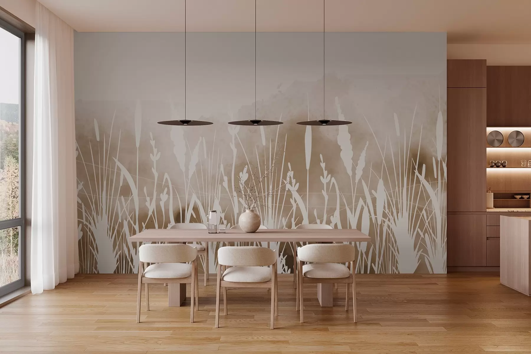 Fototapete Silhouetten von Wiesenpflanzen auf hellem Hintergrund w03134