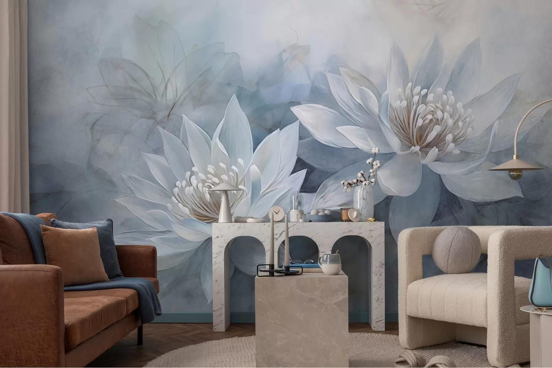 Fototapete Ein Paar Aquarellblumen auf einer Grunge-Wand w03188