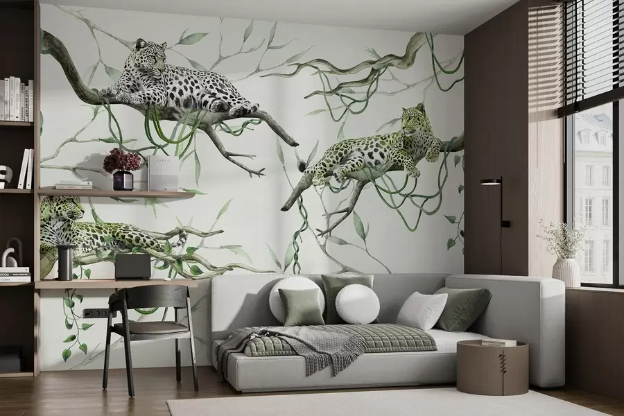 Fototapete Leoparden auf den Dschungelbäumen, Lianen, tropische, wilde Tiere, grüne Farbpalette w03146v1