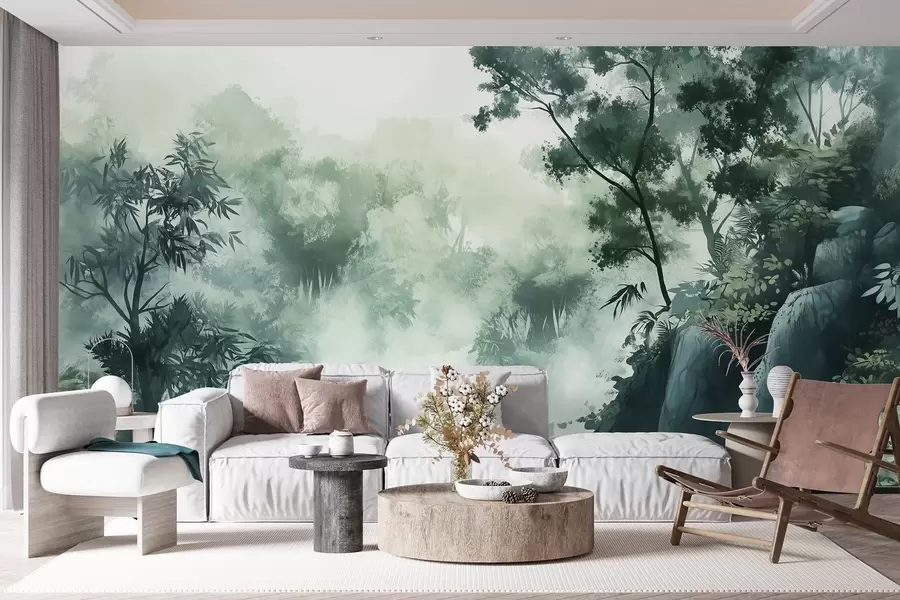 Fototapete Orientalische Landschaft, Dschungel, Bäume, Aquarellstil, grüne Farben w03149