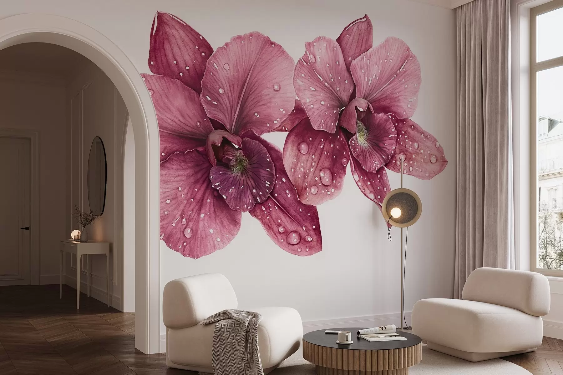 Fototapete Schöne Orchidee Blumen, Aquarell-Stil Zeichnung, rosa Farben w03164v1