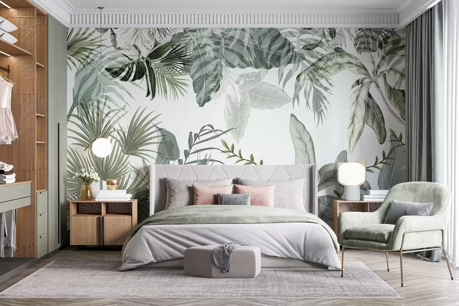 Fototapete Transparente tropische Blätter in Grüntönen auf weißem Hintergrund w08822