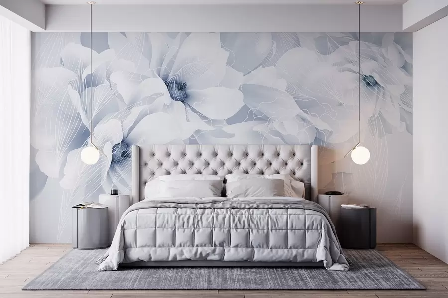 Fototapete Pastellfarbene Pfingstrosenblüten mit weißen und blauen zarten Blütenblättern und weißen Linien auf hellblauem Hintergrund w08826