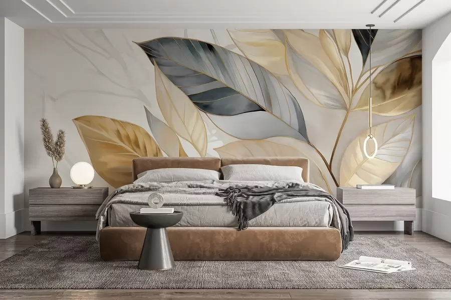 Fototapete Gelbe, graue und weiße zarte große Blätter auf einem weißen abstrakten strukturierten Hintergrund w08828