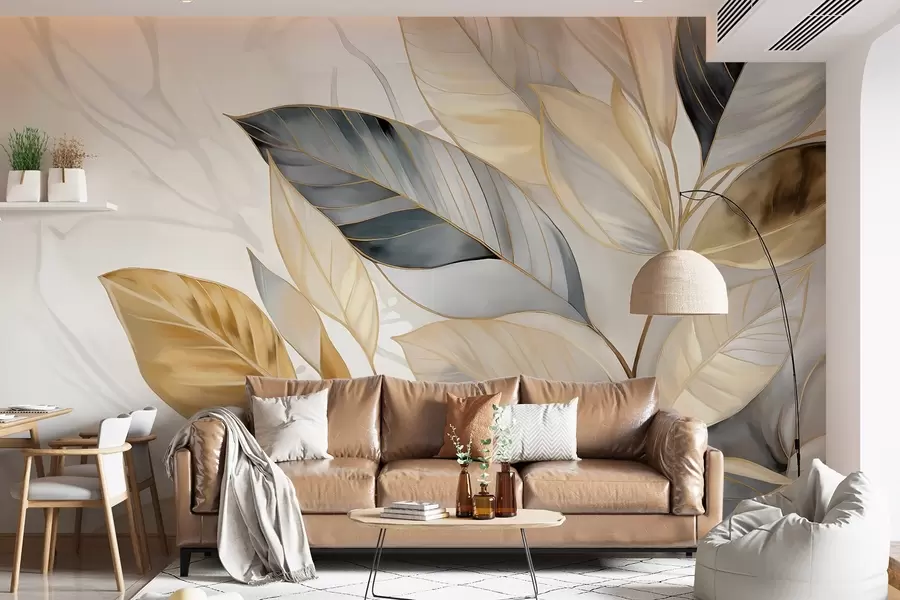 Fototapete Gelbe, graue und weiße zarte große Blätter auf einem weißen abstrakten strukturierten Hintergrund w08828