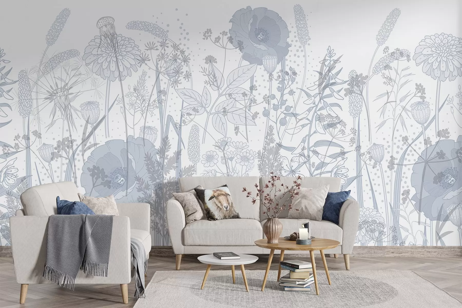 Fototapete Ein Feld mit hohen Blumen und Gras in hellblauen Pastelltönen auf einem weißen Hintergrund w08829