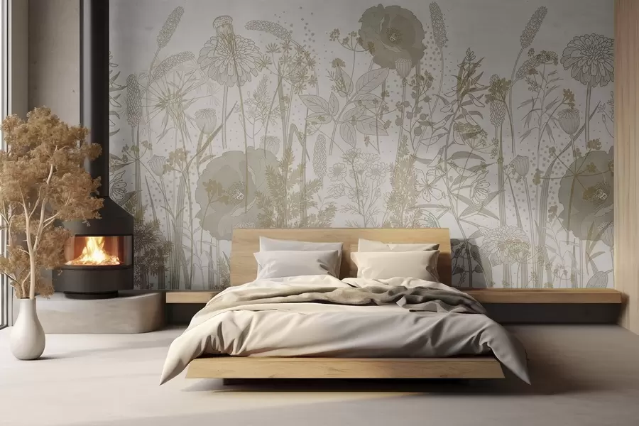 Fototapete Ein Feld mit hohen Blumen und Gras in hellbeigen Pastelltönen auf einem weißen Hintergrund w08829v1