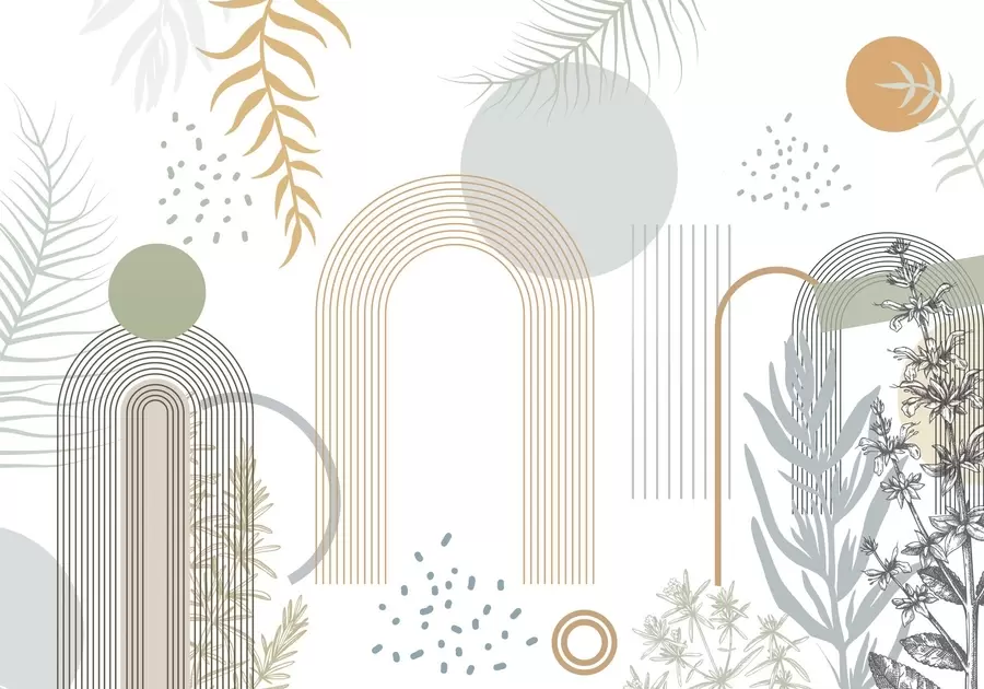 Fototapete Abstrakter Druck mit geometrischen Formen, Bögen und tropischen Blättern auf weißem Hintergrund w08835