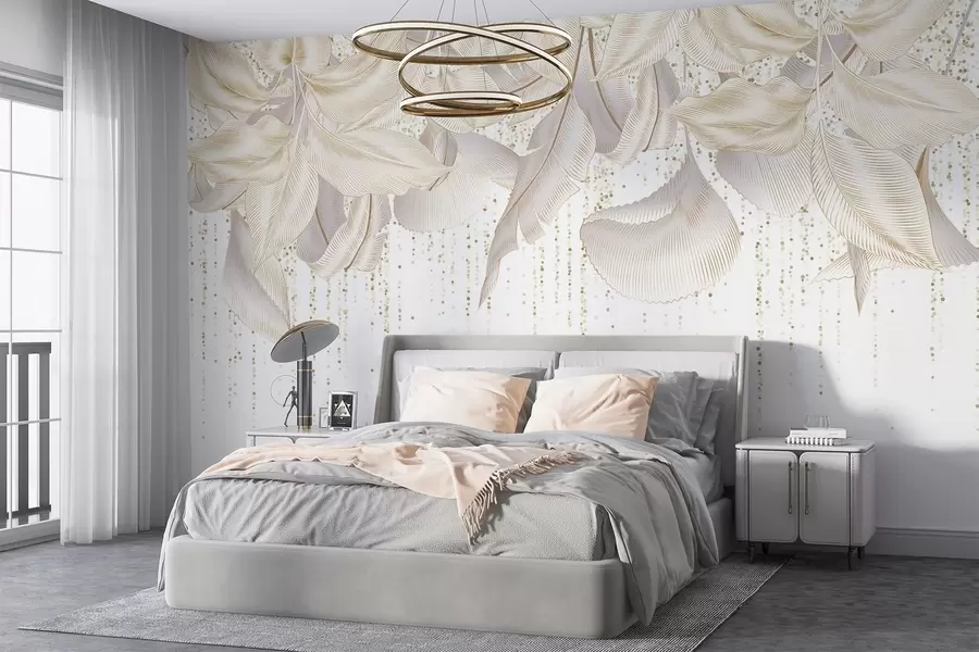 Fototapete Weiße detaillierte tropische Blätter und gelbe Punkte Textur auf einem weißen Hintergrund w08836