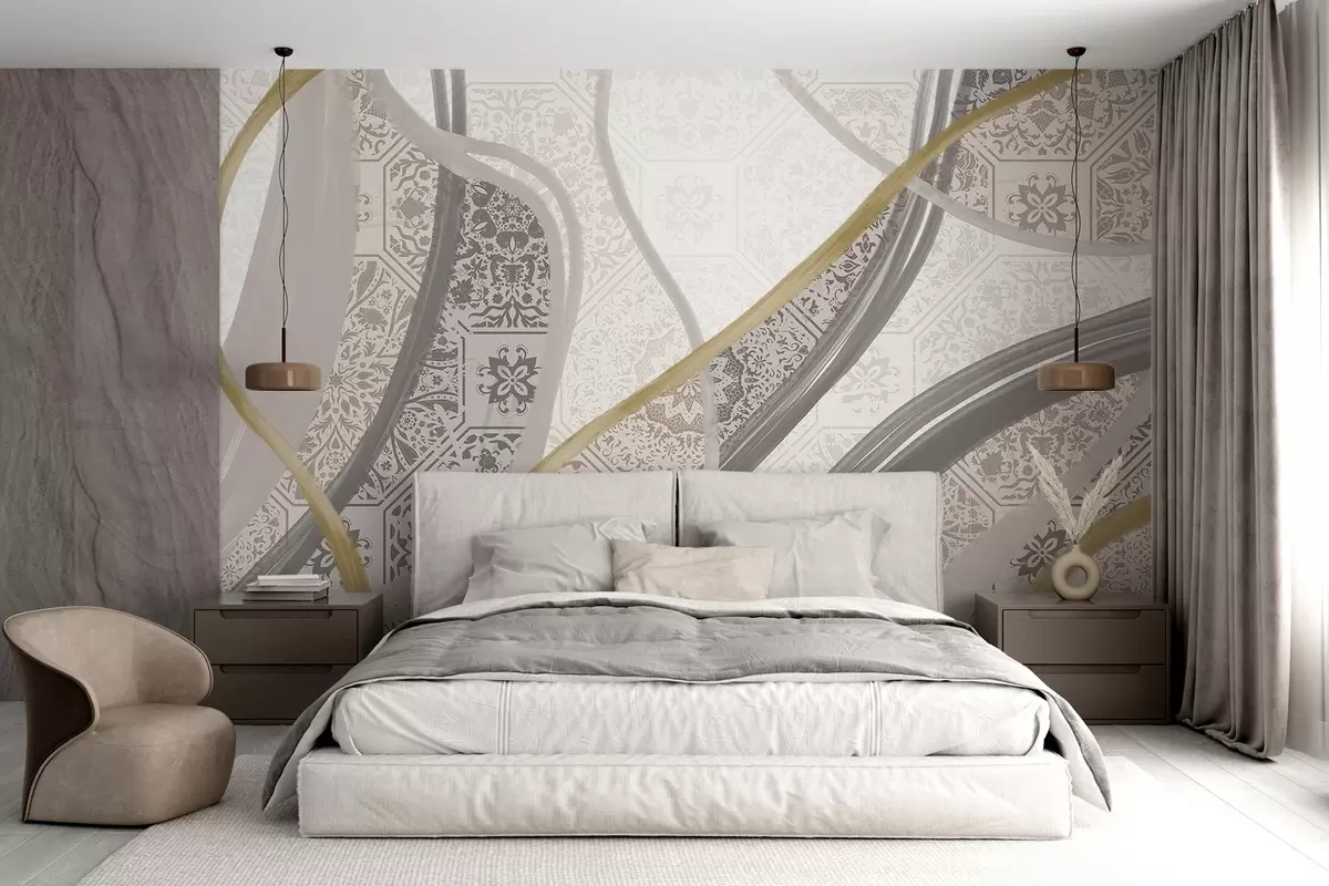 Fototapete Abstrakte Malerei mit geometrischen Mustern und geschwungenen Linien in beige, grau und gelben Farben w08837