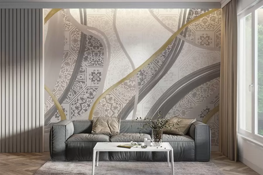 Fototapete Abstrakte Malerei mit geometrischen Mustern und geschwungenen Linien in beige, grau und gelben Farben w08837
