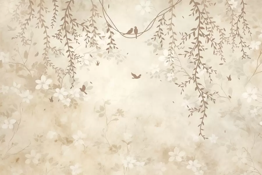 Fototapete Vögel mit Hängepflanzen und floralem Muster in hellen Beige-Creme-Tönen w08809