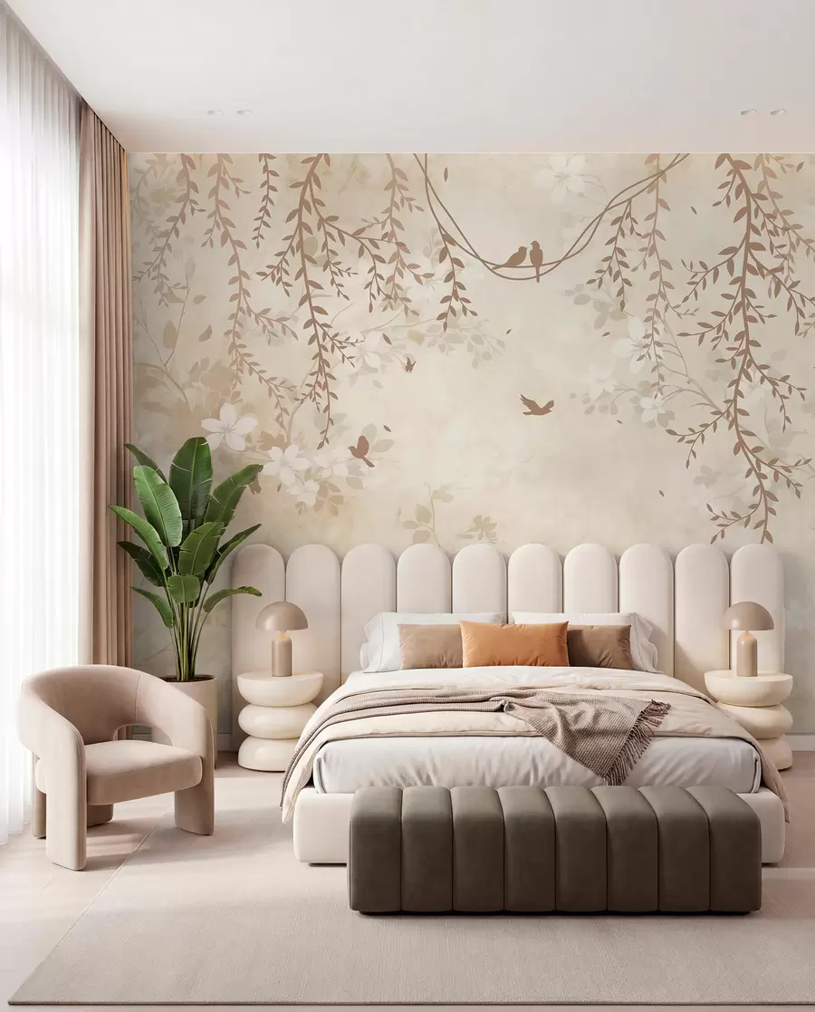 Fototapete Vögel mit Hängepflanzen und floralem Muster in hellen Beige-Creme-Tönen w08809