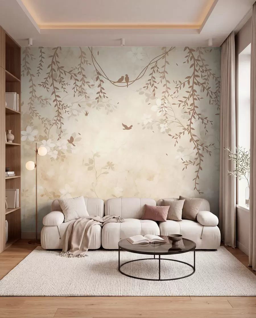 Fototapete Vögel mit Hängepflanzen und floralem Muster in hellen Beige-Creme-Tönen w08809