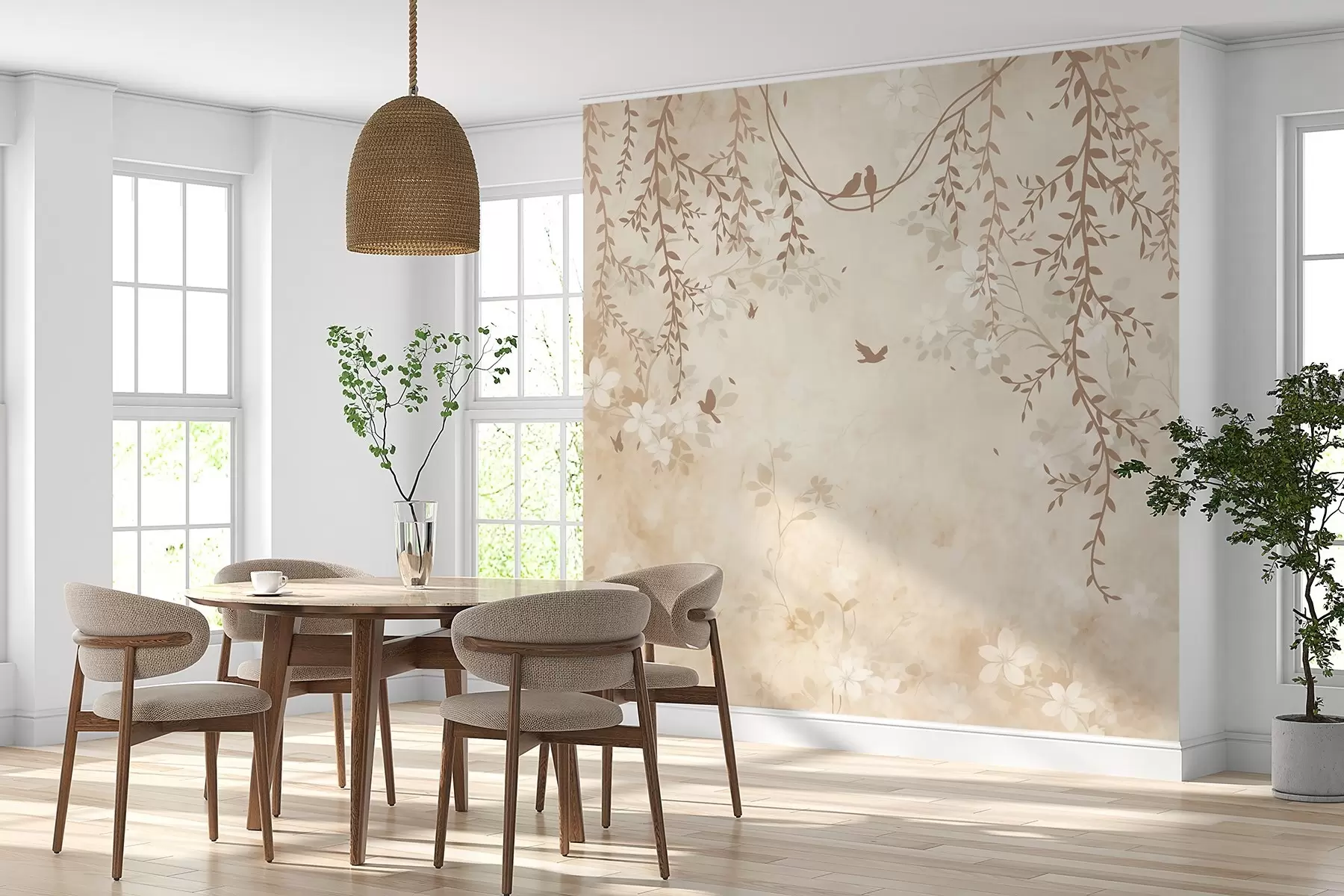 Fototapete Vögel mit Hängepflanzen und floralem Muster in hellen Beige-Creme-Tönen w08809