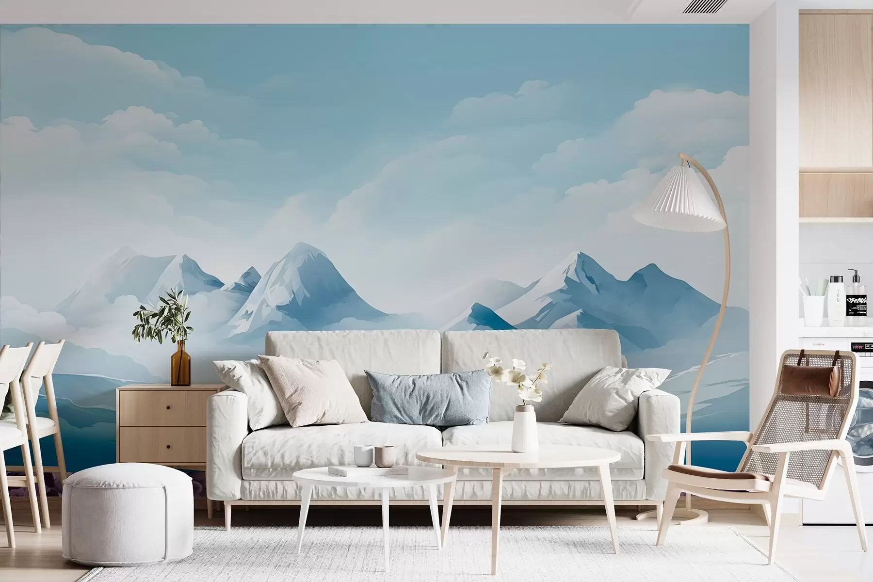 Fototapete Minimalistische blaue Wolken und Berge, eisiges Wetter w08811